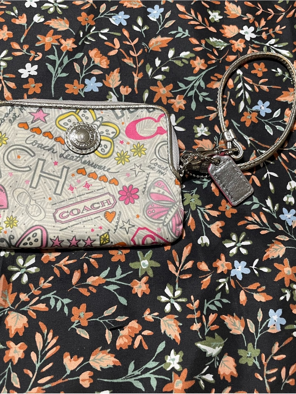 Coach Multicolor Printed Wristlet Keychain - Pink, Yellow, Silver